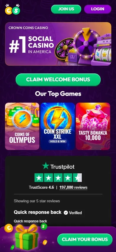 Crown Coins mobile view