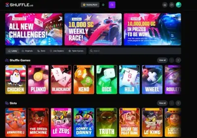 Shuffle.us platform showing originals and slots lobby